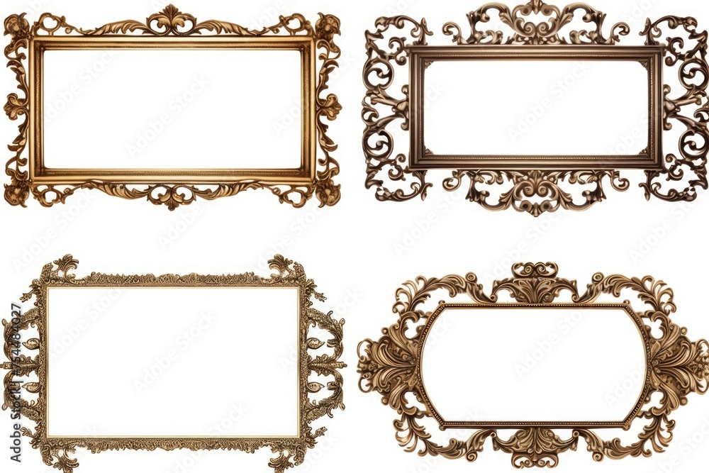Poster A set of four ornate gold frames on a white background. Perfect for adding a touch of elegance to your designs