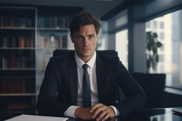 Fototapeta premium A man in a suit sitting at a desk, suitable for business concepts