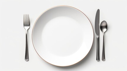 A simple white plate with a gold rim, accompanied by a fork and knife. Perfect for restaurant menus or food blog posts