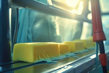 Yellow sponges neatly arranged on a countertop, perfect for household cleaning tasks - obrazy, fototapety, plakaty