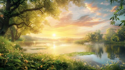 Sunrise over a lush green lakeside landscape - The sun rises over a picturesque lake surrounded by lush greenery, flowers, and a majestic tree, casting warm light