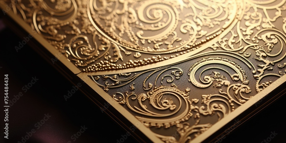 Poster detailed close up of a gold card with intricate designs, suitable for various design projects