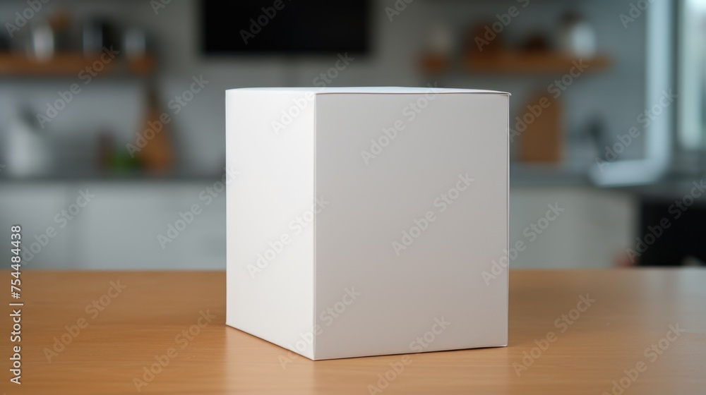Poster a simple white box sitting on a wooden table, suitable for various concepts and designs