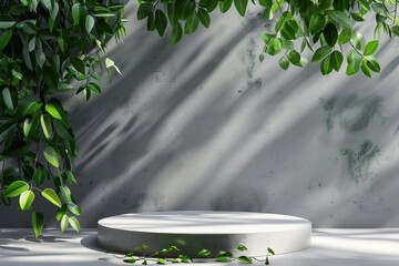 white product display podium with nature shadow and leaves in white background. 3D rendering. Ai Generative