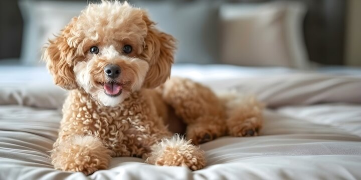 Professional photo of a poodle dog resting in a modern room, with space for copy. Concept Pets, Poodle, Modern Room, Copy Space, Professional Photography