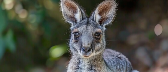  a close up of a small kangaroo looking at the camera with a blurry background of trees in the background.