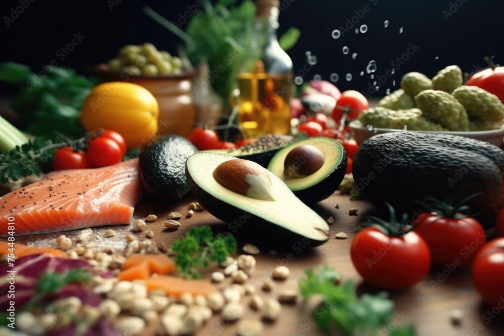 Poster A table topped with a diverse selection of food, suitable for various concepts and projects