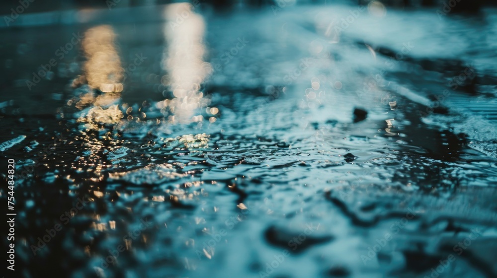 Poster close up of a wet surface with a street light in the background. suitable for urban and rainy day co