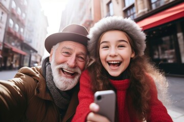 An older man and a young girl taking a selfie. Suitable for family and technology concepts