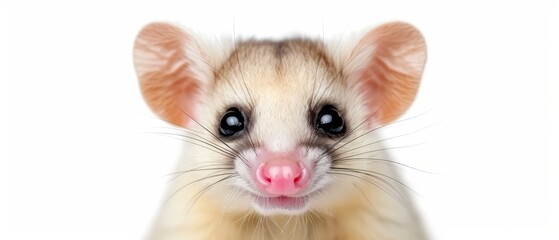  a close up of a mouse's face with a pink nose and a pink nose ring on it's nose.