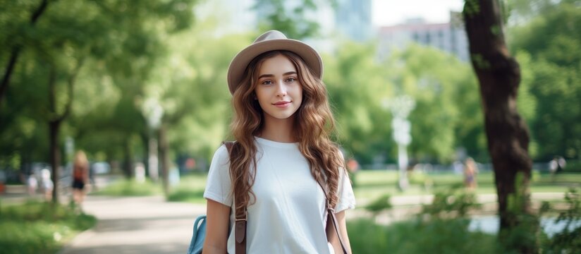 A beautiful young woman with long hair wearing a hat and a white shirt is captured in a city park on a summer day. She exudes a sense of casual style and relaxation as she enjoys the outdoors.