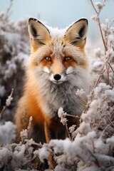 Fototapeta premium Close up of a fox in a snowy field. Perfect for winter themed designs