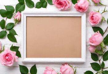 Pink rose flowers with empty photo frame on white wooden background. Valentines, Mother's, Women's Day. Flat lay, top view, copy space. 