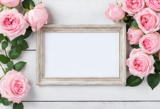 Pink rose flowers with empty photo frame.