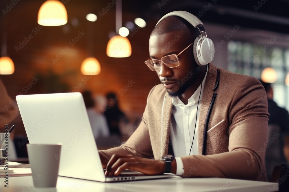 Poster a man sitting at a table with a laptop and headphones. suitable for technology and remote work conce