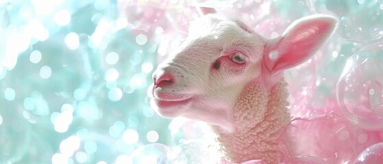  a close up of a sheep's head with a scarf around it's neck and a background of bubbles.