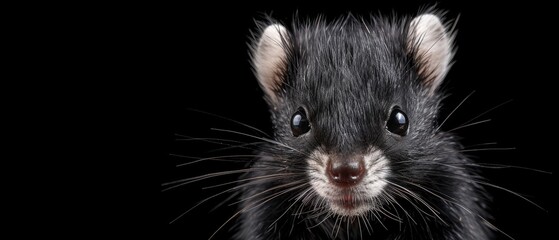  a close - up of a black and white rat's face on a black background with a black background.