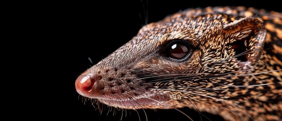  a close up of a brown and black animal's face with long whiskers on it's face.