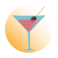 Сool summer cocktail in tegular glass with straw and olive. Sweet drink. Flat vector illustration.
