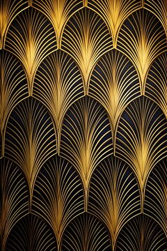 Stylish black and gold wallpaper with a fan pattern, perfect for elegant interior design projects
