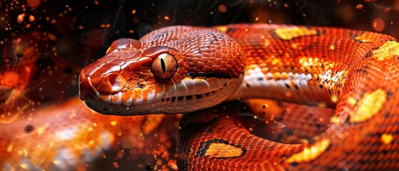  a close up of a snake on a branch with fire coming out of the back of it's head.