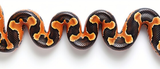  a close up of a snake's head with orange and black stripes on it's body and a white background.