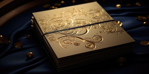 Stack of gold wedding cards on blue cloth, perfect for wedding invitations or event planning
