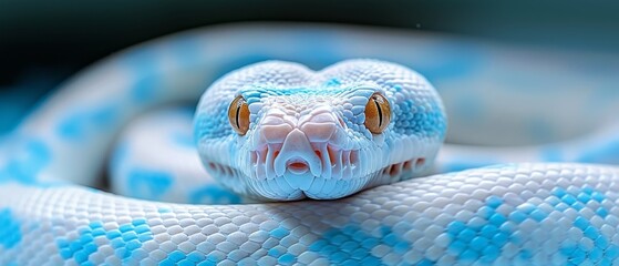  a close - up of a blue and white snake's head, with its tongue out and eyes wide open.