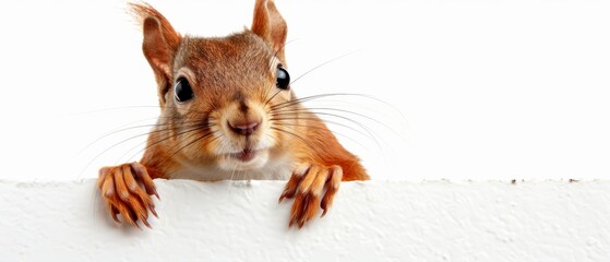  a close up of a squirrel's face peeking out from behind a white wall with his hands on the edge of the wall.