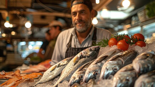 Man browsing seafood display at market with fresh fish products on ice