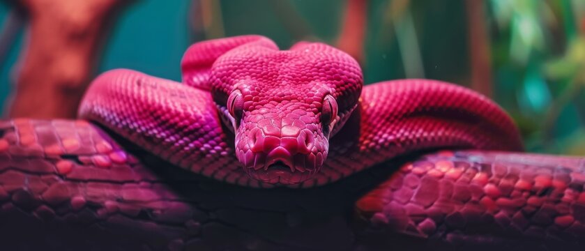  a close up of a pink snake with its head on the end of the snake's head and it's tongue out.