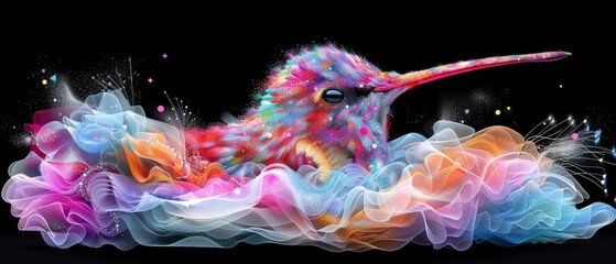  a colorful bird with a long beak and a long beaked beak is surrounded by colorful smoke and sprays on a black background.