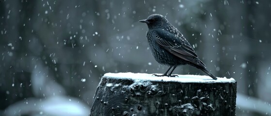  a black bird sitting on top of a wooden post in the snow with snow falling on the ground and trees in the background.