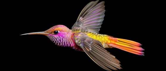  a colorful bird flying through the air with it's wings spread out and it's head turned to the side.