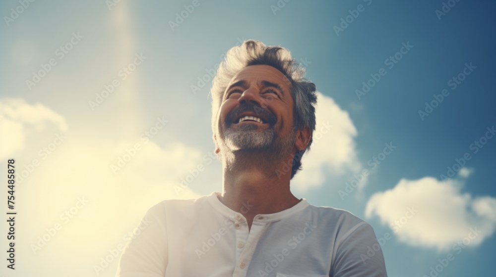 Poster a man smiling and gazing up at the sky. suitable for various concepts