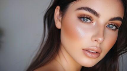 Obraz premium Beauty blogger demonstrating natural makeup application for social media.