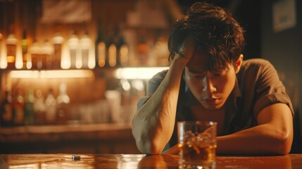 Depressed Asian man refusing a glass of whiskey, struggling with alcoholism.