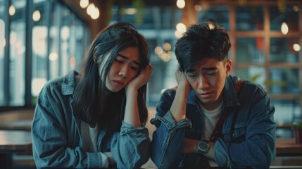 Fototapeta na wymiar Asian couple emotional struggle during breakup, navigating troubled relationship challenges.