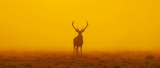  a large antelope standing in the middle of a field in the middle of the day with a yellow sky in the background.