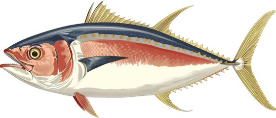  an image of a fish that is red, white, and blue with a yellow fin on it's side.