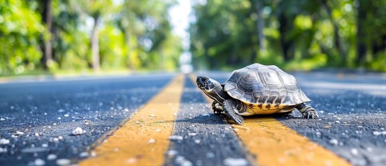  a turtle is crossing the road in the middle of the road with it's head turned to the side.