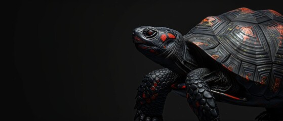  a close up of a tortoise on a black background with a red light coming from the top of its shell.