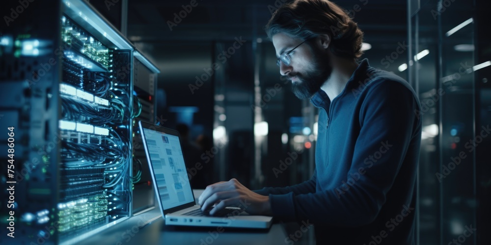 Leinwandbilder a man is seen working on a laptop in a server room. ideal for technology and it concepts