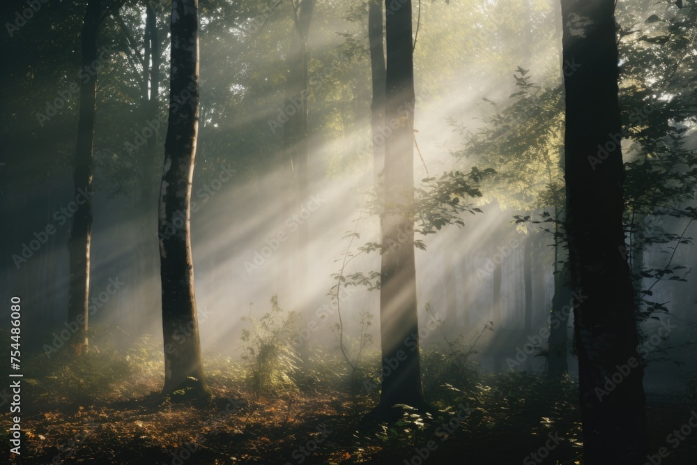 Poster sunlight filtering through trees in a forest, suitable for nature or outdoor themes