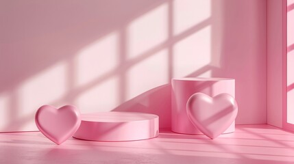 modern minimalist pinky podium background stages for product presentation, realistic 3d render with natural window shadow, AI generative