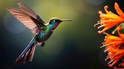 Fototapeta premium Vibrant hummingbird in flight near a beautiful flower, perfect for nature and wildlife concepts