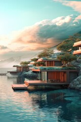 Fototapeta premium A picturesque house perched on a cliff overlooking a serene body of water. Perfect for real estate or travel concepts