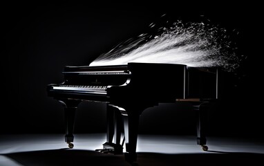 Piano with notes exploding from a strike, on a dark stage. Music concept