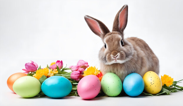 Easter colored eggs and rabbit on grey