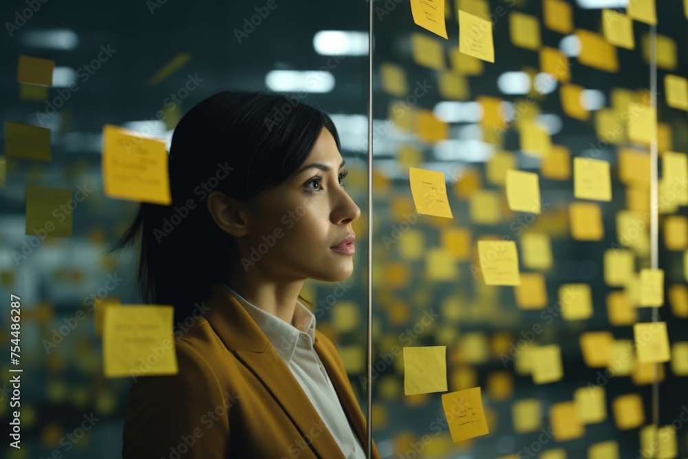 Poster a woman standing in front of a glass wall covered in post-it notes, suitable for business and commun